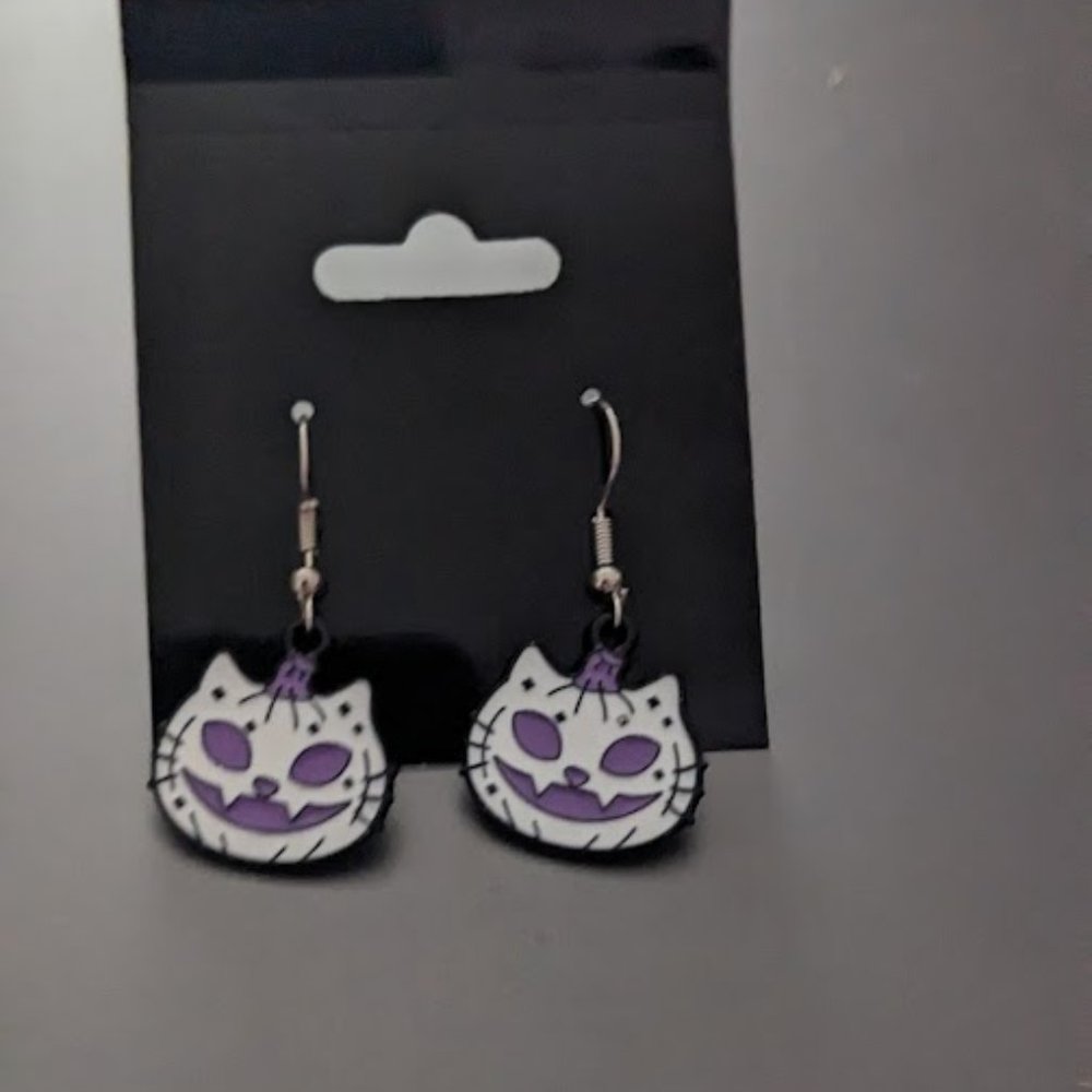 White and Purple Cat Pumpkin Earrings
